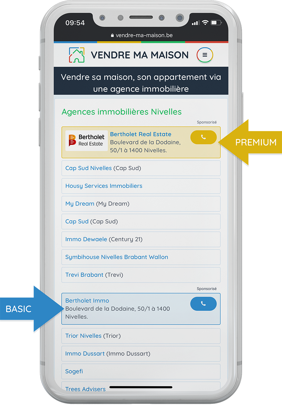 Listing Basic et Premium du site en mobile